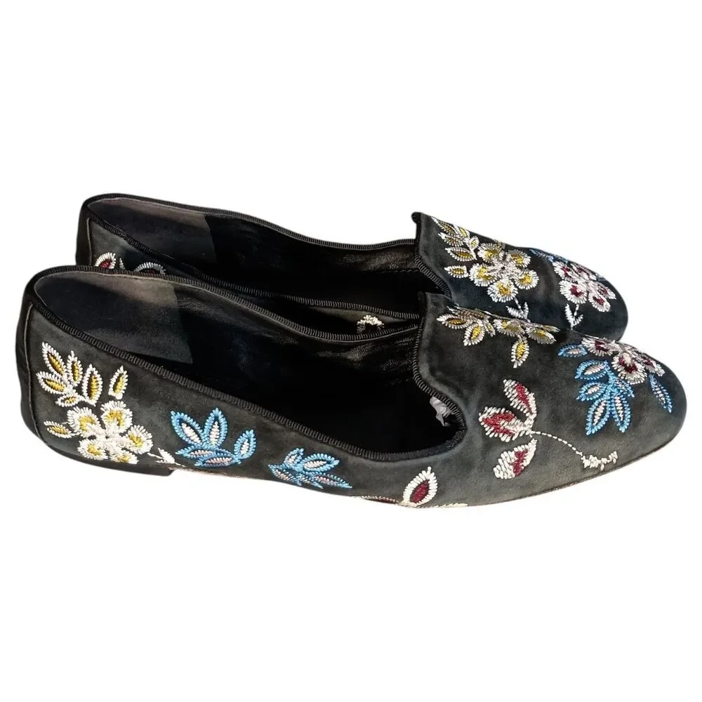 Tory Burch Black Floral Embroidered Smoking Slippers Flat Shoe Loafer Leather 9